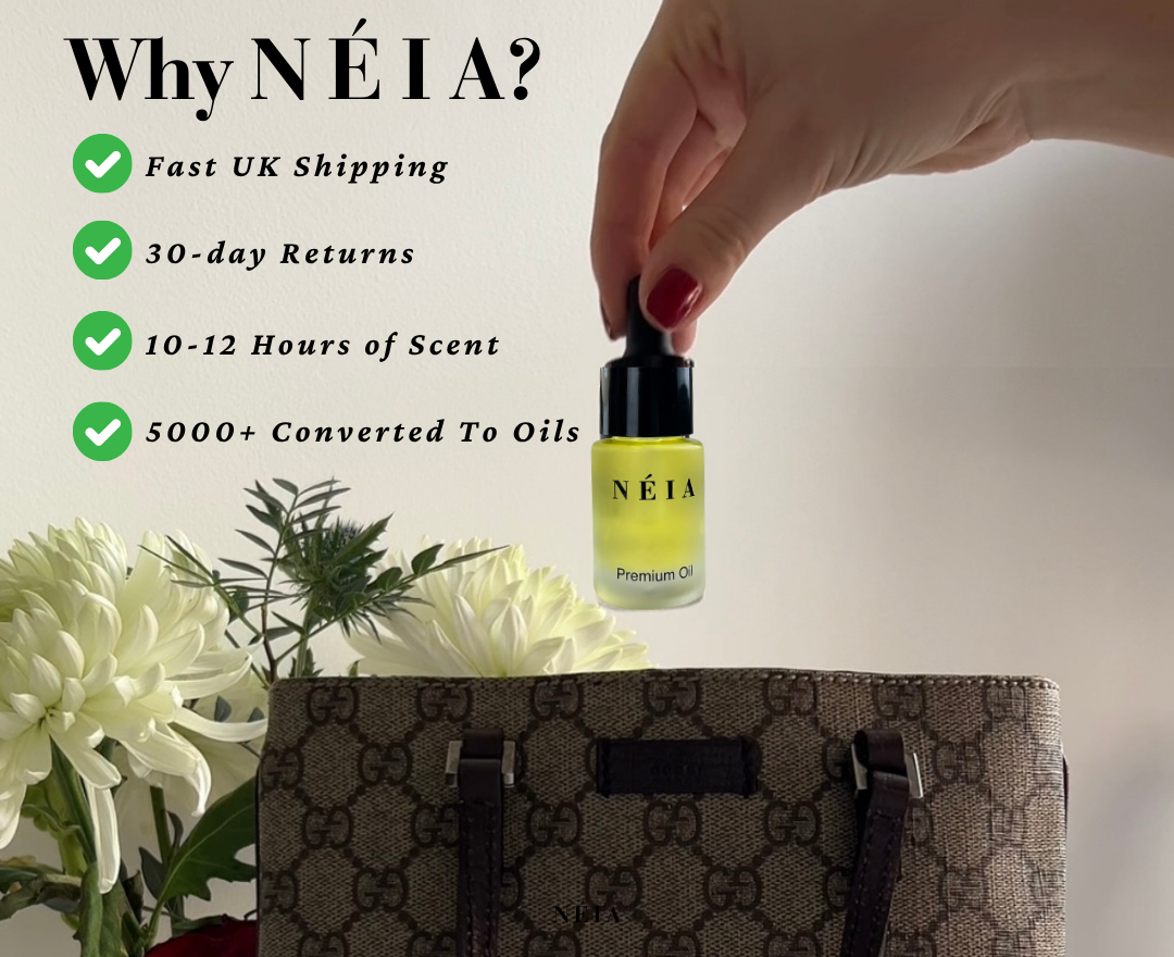 Néia oil bottle with a hand holding it, next to flowers and a handbag, with text highlighting features.