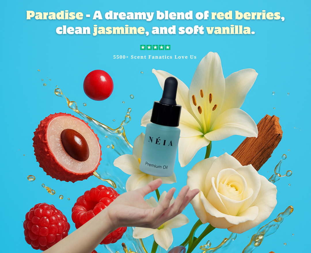 Néia premium oil bottle with red berries, white flowers, and cinnamon on a blue background