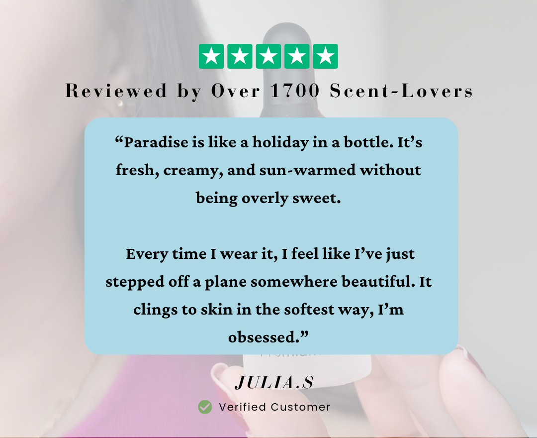 Positive customer review displayed beside NÉIA bottle, sharing real experience and product feedback