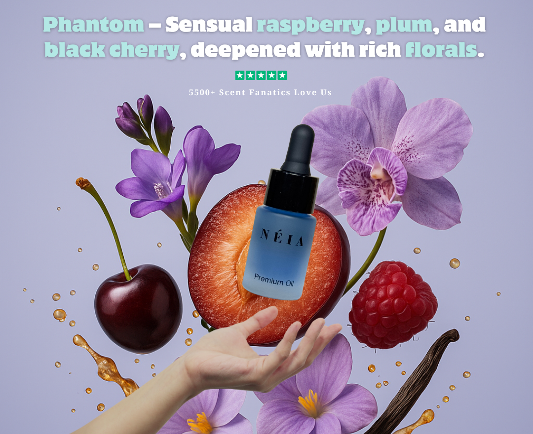 Néia premium oil bottle with raspberry, plum, and black cherry elements on a purple background