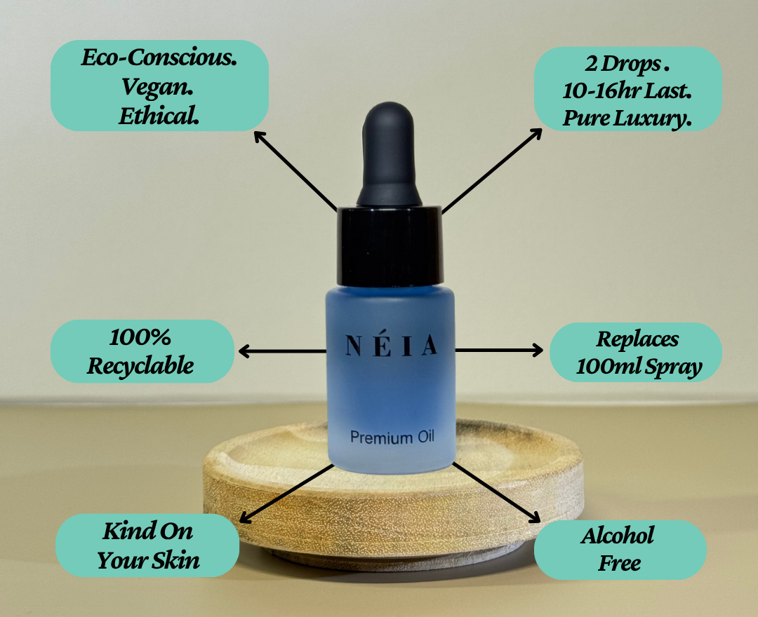 Blue dropper bottle labeled 'Néia' on a wooden stand with feature text on a beige background