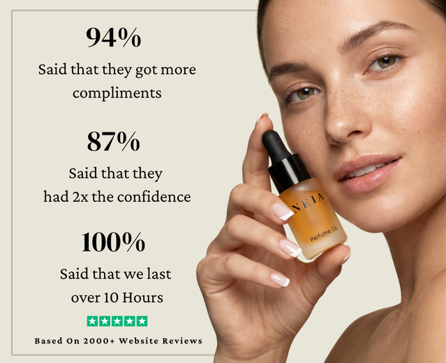 Woman holding a bottle of Neia perfume oil with product features displayed.