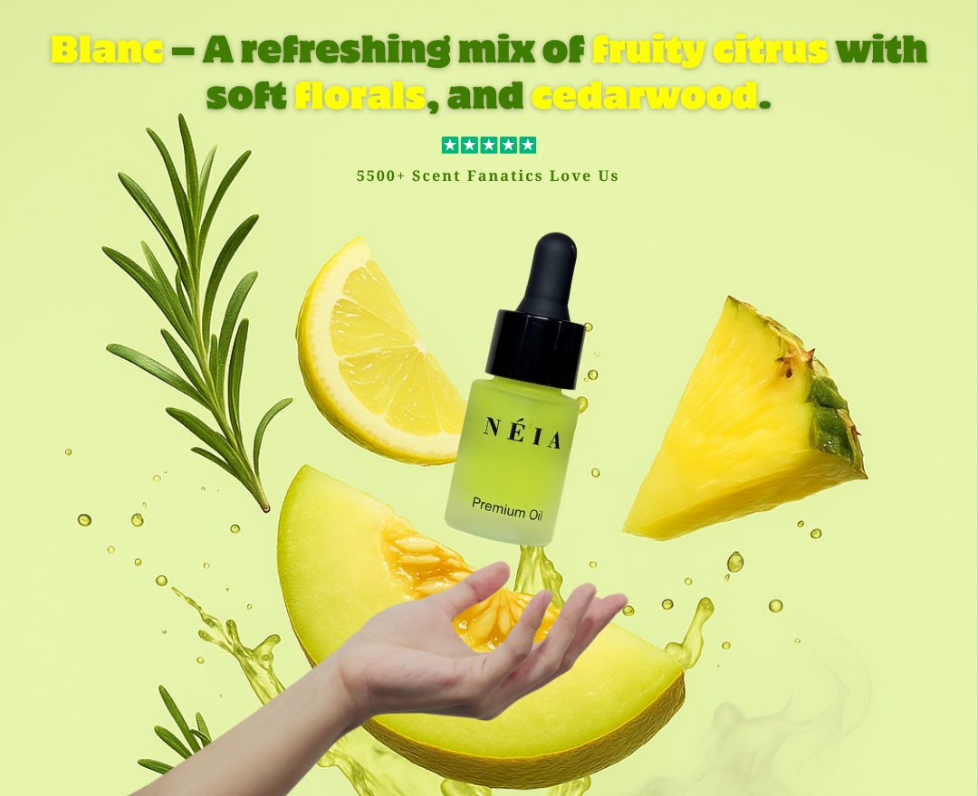 Néia premium perfume oil with fruit slices and leaves on a green background
