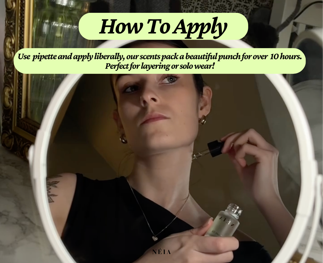 Person applying perfume with text on how to apply and product details.