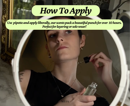 Person applying perfume with text on how to apply and product details.