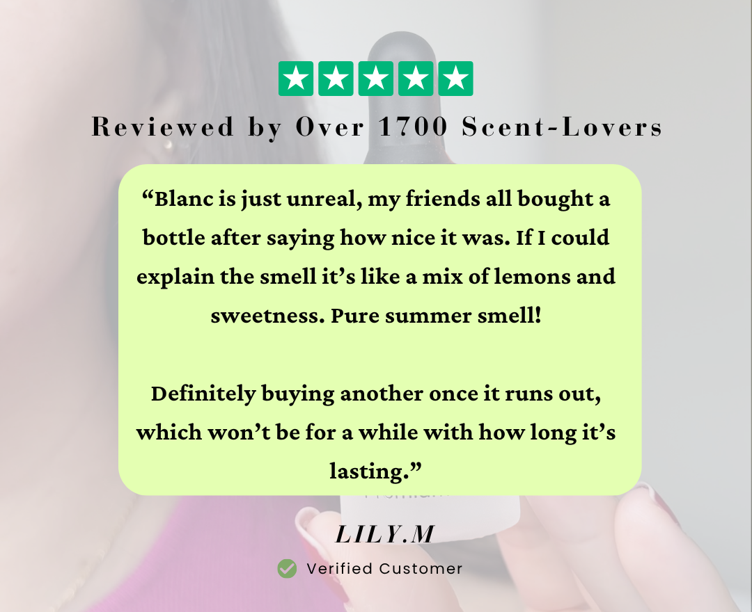 Product review card with text and rating for perfume product, featuring a blurred person holding a bottle.