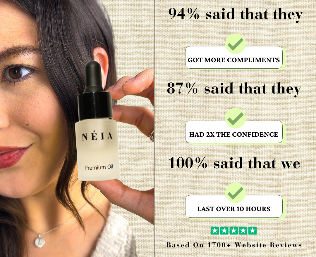 Woman holding a bottle of Néia Premium Oil with text on a beige background