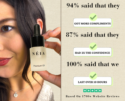 Woman holding a bottle of Néia Premium Oil with text on a beige background