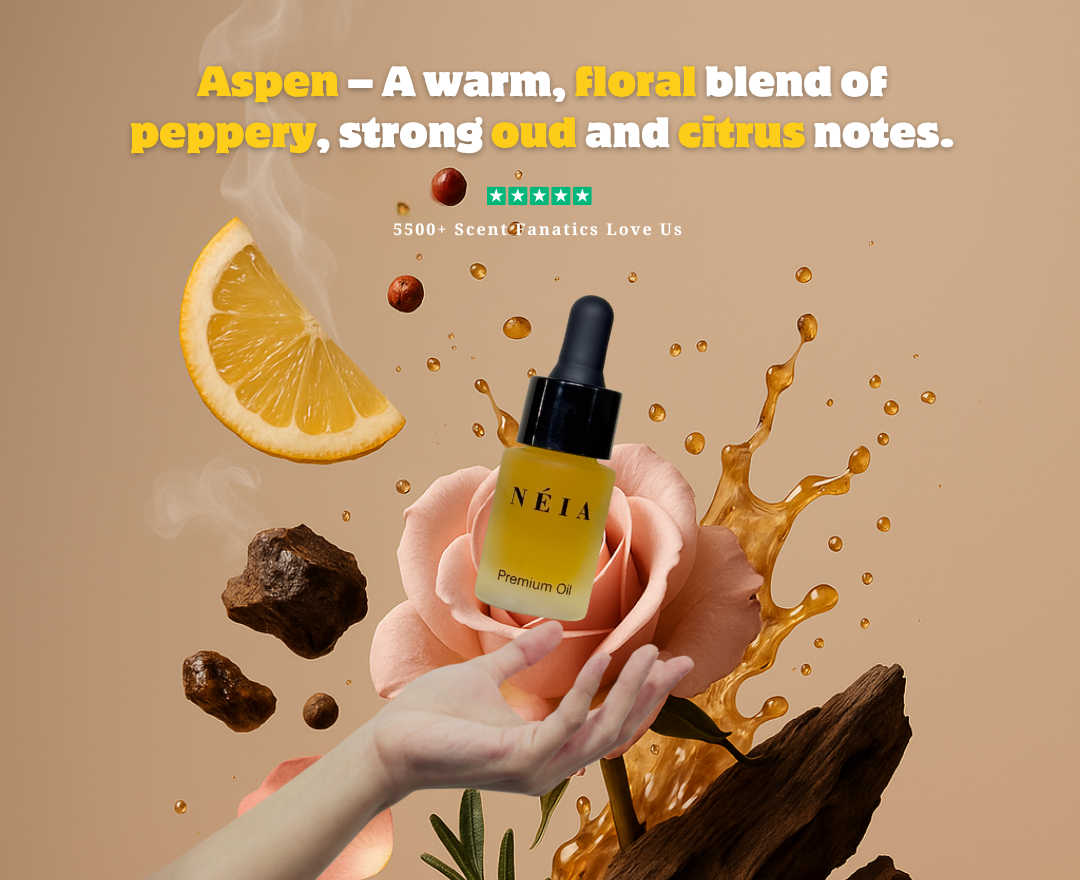 Néia premium oil bottle with a hand holding a rose, lemon, and spices on a beige background.