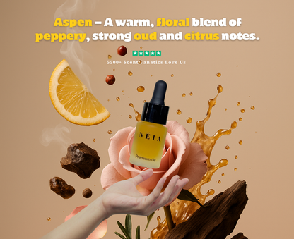 Néia premium oil bottle with a hand holding a rose, lemon, and spices on a beige background.