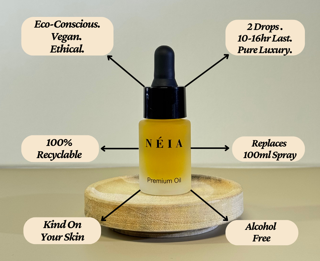 Néia premium oil bottle on a wooden stand with feature labels.