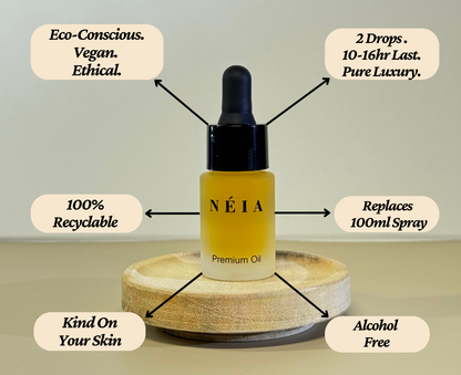 Néia premium oil bottle on a wooden stand with feature labels.