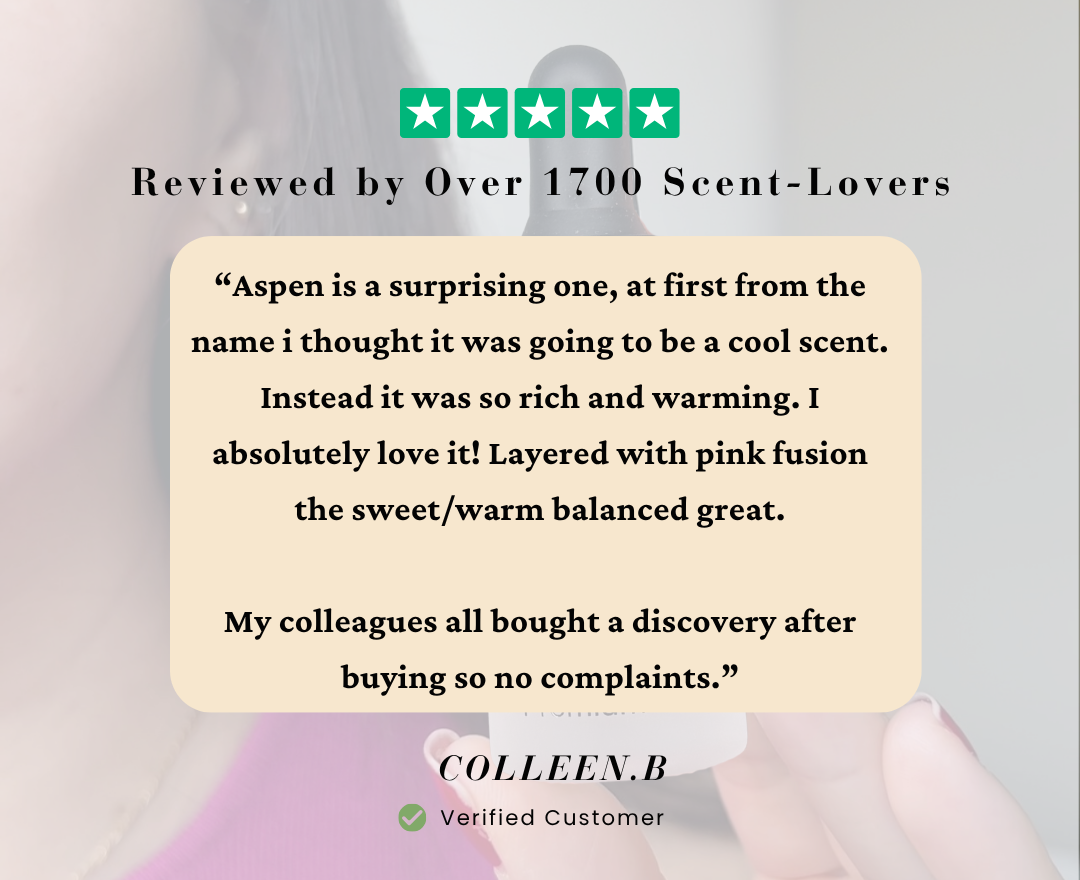 Product review card with customer feedback and product name 'Aspen' on a blurred background
