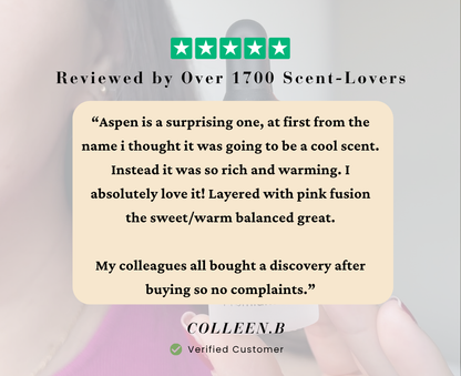 Product review card with customer feedback and product name 'Aspen' on a blurred background