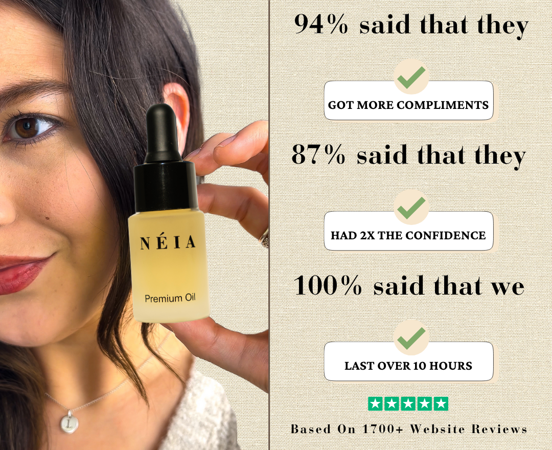Woman holding a bottle of NEIA Premium Oil with positive customer feedback on a beige background