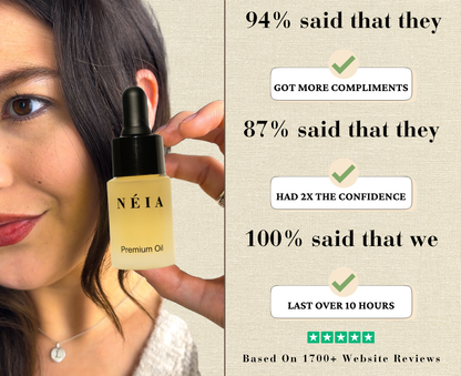 Woman holding a bottle of NEIA Premium Oil with positive customer feedback on a beige background