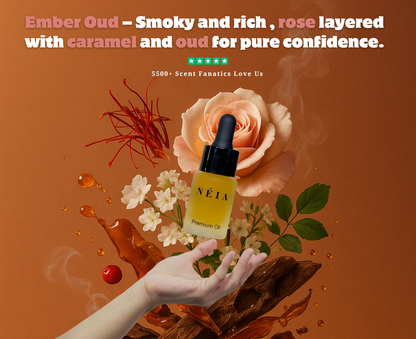 Néia premium oil bottle with flowers and spices on a warm background