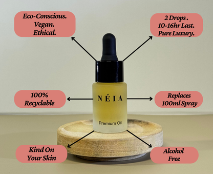 NÉIA premium oil dropper bottle on a wooden stand with feature labels.