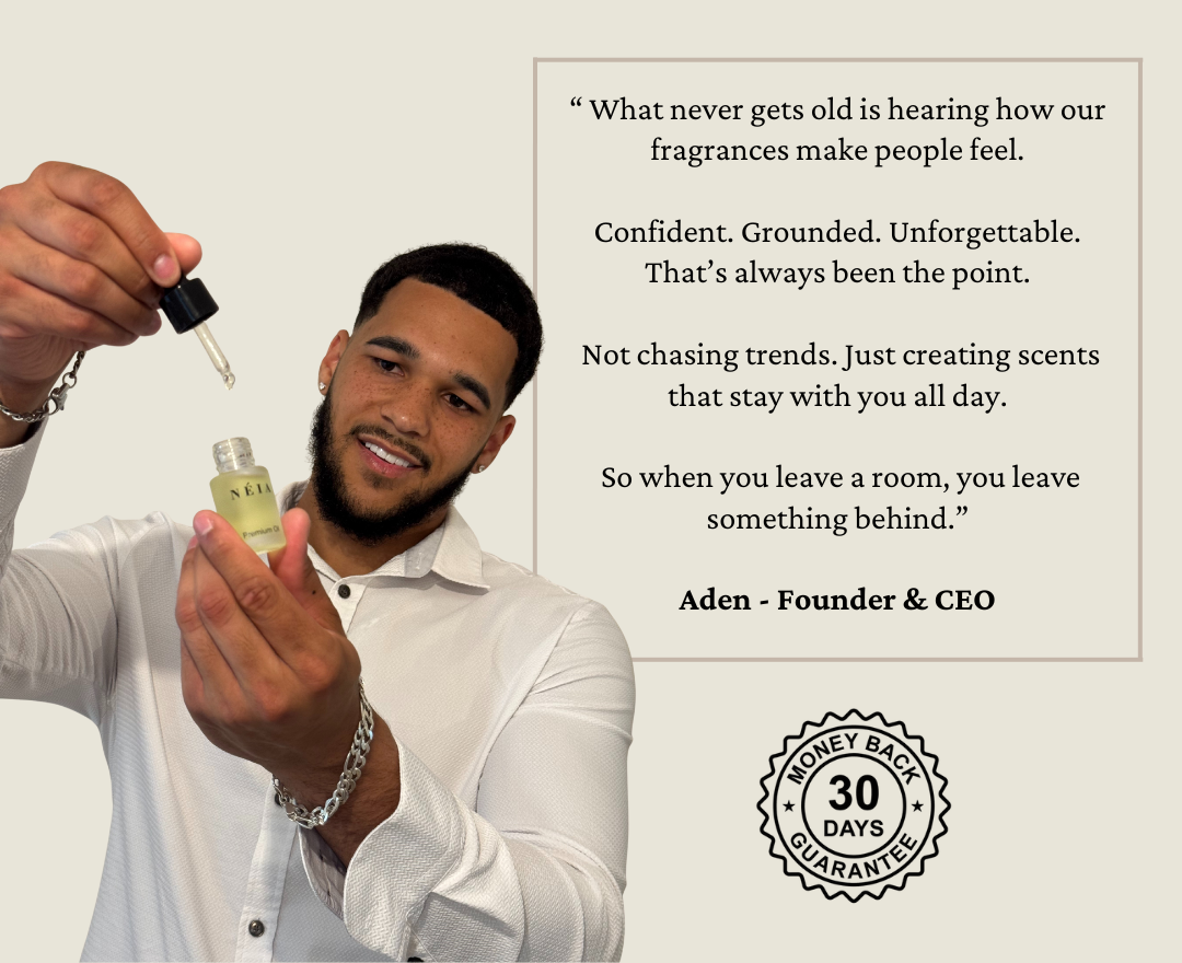 Aden, NÉIA's founder, holding a perfume oil, beside his quote about how the fragrances make people feel.