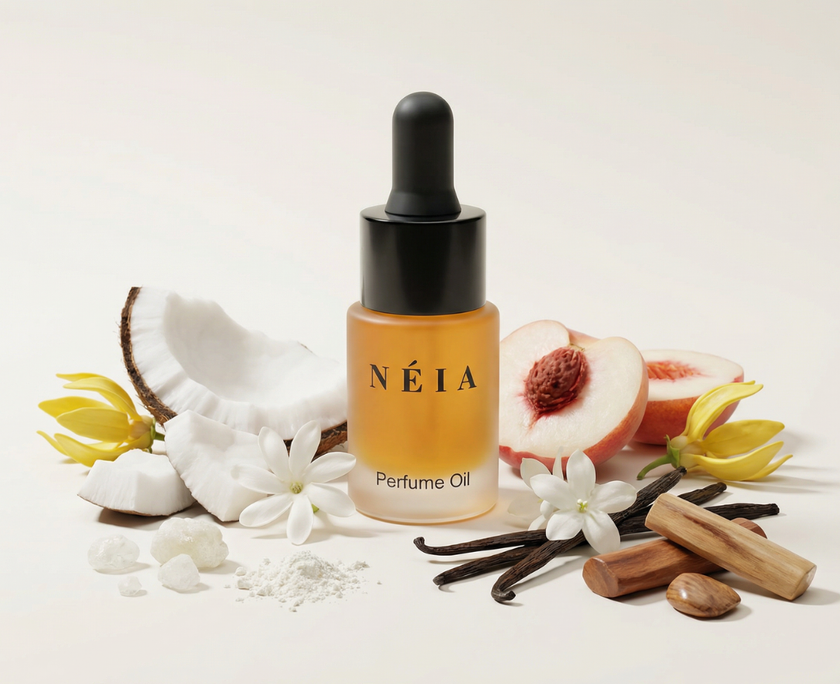 Silk Musk 15ml perfume oil, an amber frosted bottle with a dropper, with coconut, white peach, jasmine and vanilla pods.