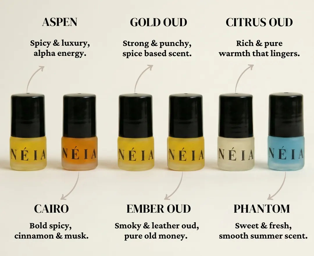 The six men's oils in a row, each labelled with its scent.