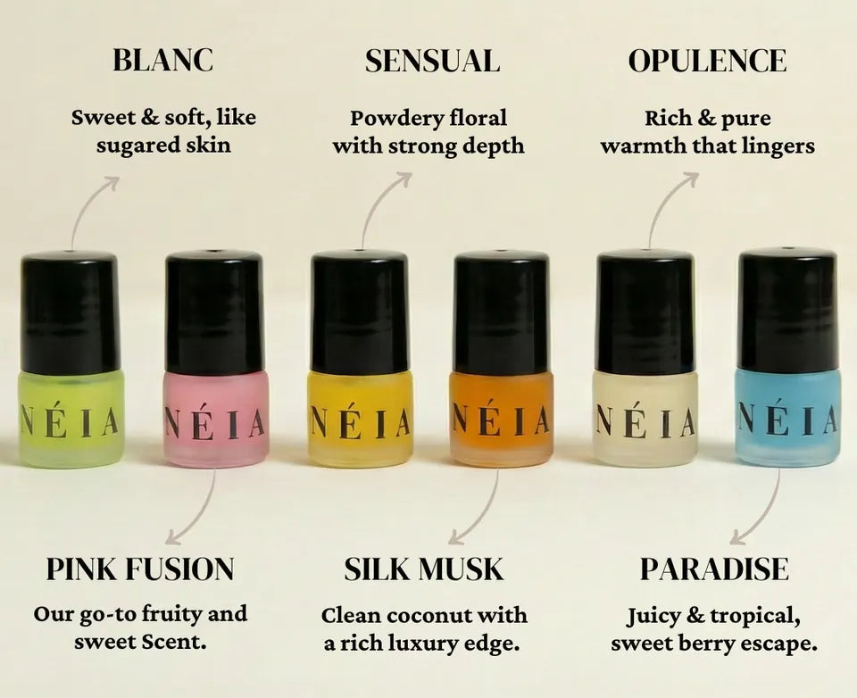 The six oils labelled: Blanc, Pink Fusion, Sensual, Silk Musk, Opulence and Paradise.