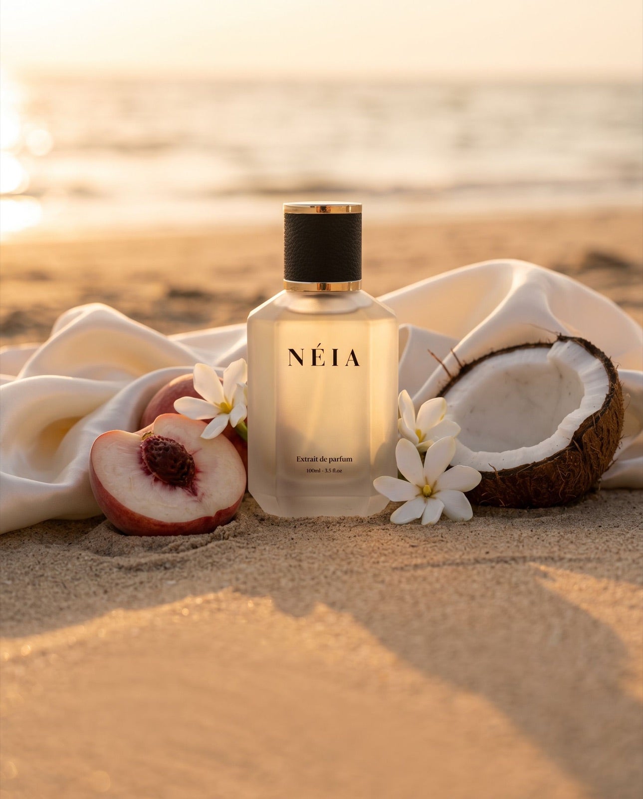 Silk Musk 100ml on an empty beach at sunset